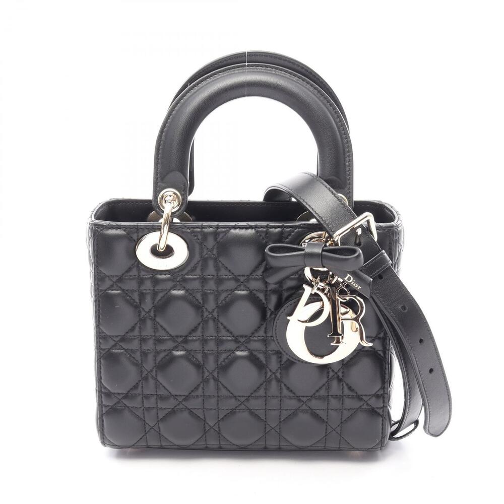 Christian Dior Lady Cannage Handbag Leather Black
